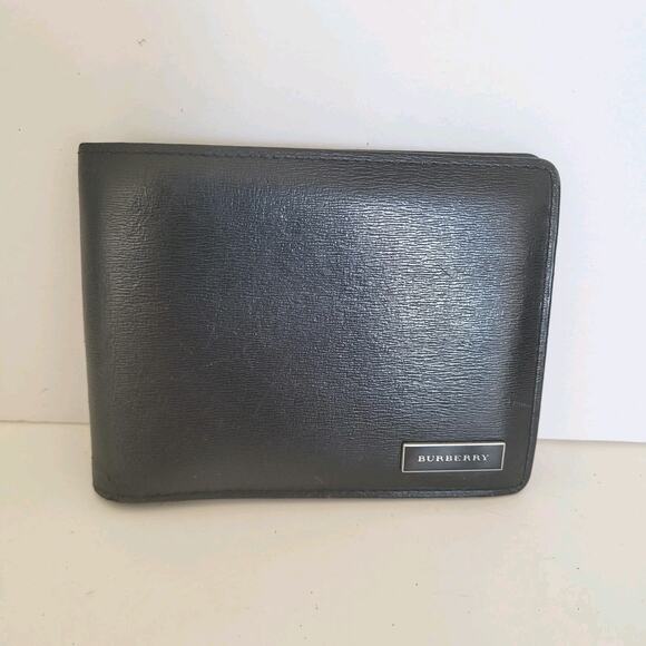 Burberry Wallet Black Bifold Card Bill Holder Leather Compact Leather Logo - Picture 1 of 10